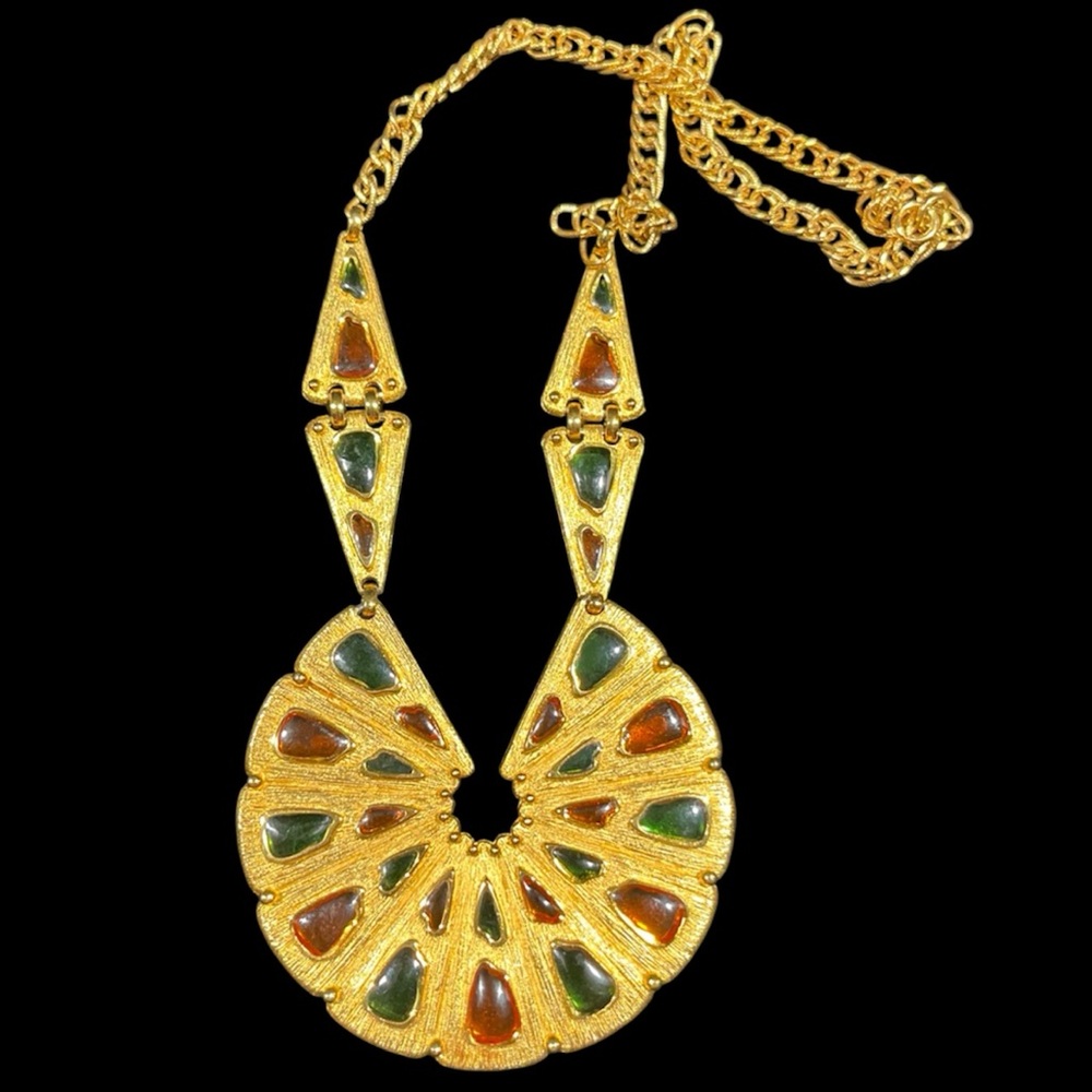 Crown Trifari Vintage Sunburst Plique a Jour Large Statement Pendant Necklace